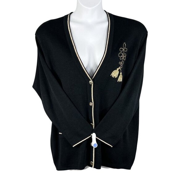 Talbots Womens XL Black Wool Cardigan Gold Embroidery Italy Made Button Up Artsy - Picture 4 of 16